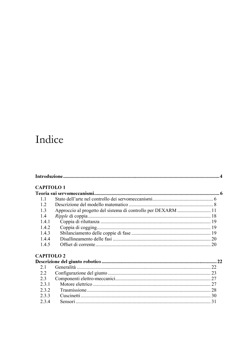 Indice della tesi: Modellistica e analisi delle prove sperimentali su un giunto robotico per applicazioni spaziali, Pagina 1