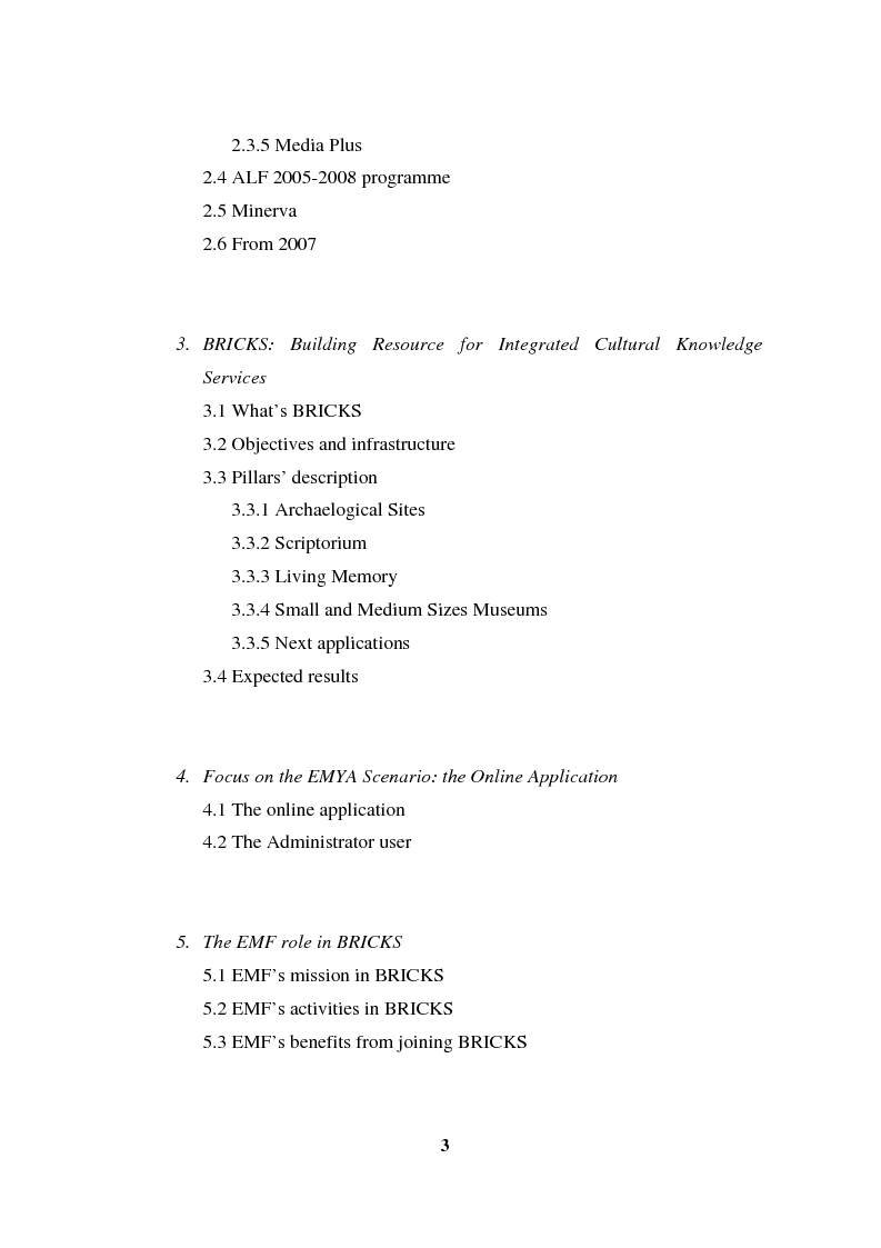 Indice della tesi: Going Digital: the European Museum Forum Experience within the European Union BRICKS Project, Pagina 2