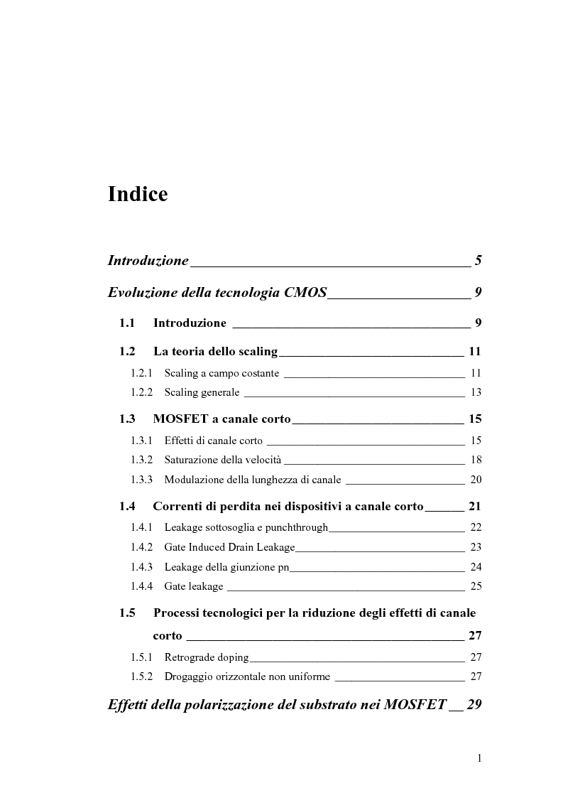 Indice della tesi: Metodologie di Polarizzazione del Substrato di Dispositivi CMOS per la Riduzione del Ritardo e della Potenza Dissipata, Pagina 1