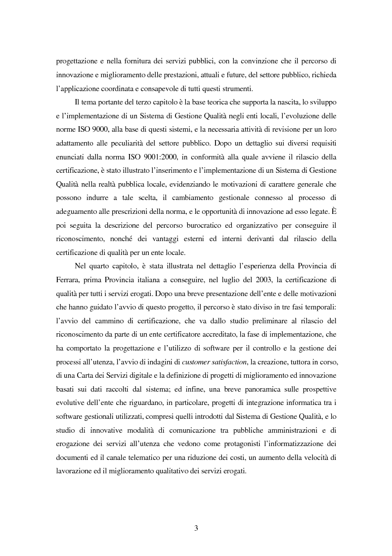 Anteprima della tesi: La certificazione di qualità negli Enti Locali: l'esperienza d'avanguardia della Provincia di Ferrara, Pagina 3