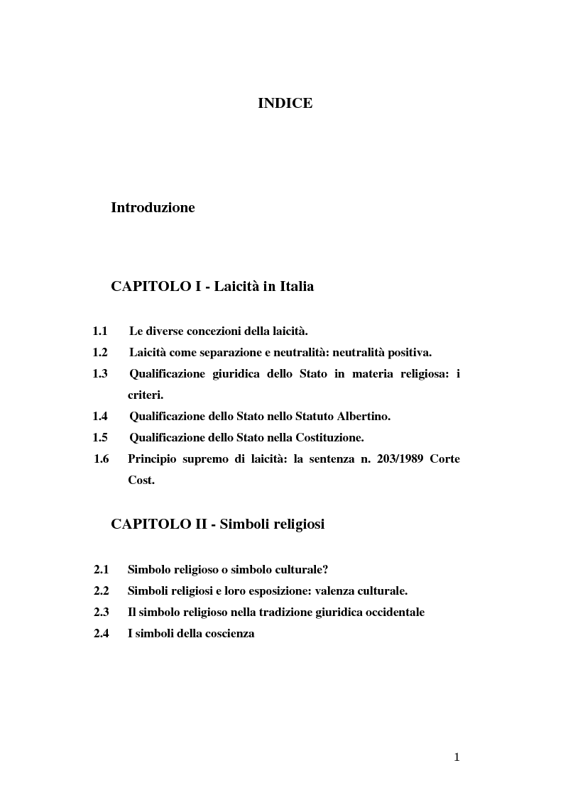 Indice della tesi: Simboli religiosi: esposizione del crocifisso alla luce della recente giurisprudenza, Pagina 1