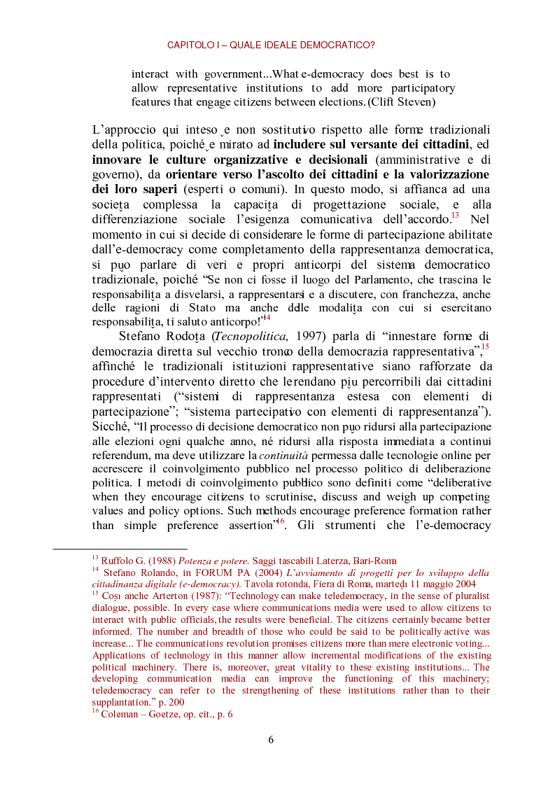 Anteprima della tesi: E-democracy come processo di coltivazione raffinata del consenso. La partecipazione ai processi decisionali nel policy making della P.A. locale, Pagina 6