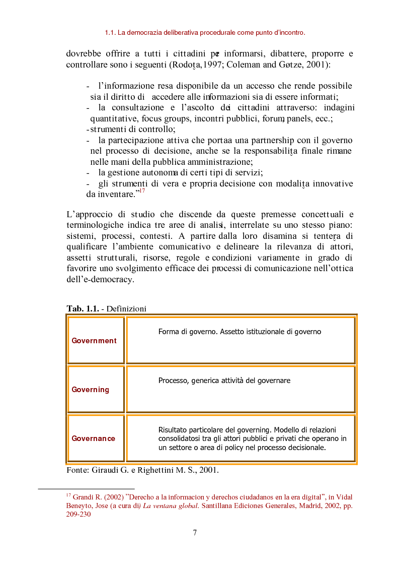 Anteprima della tesi: E-democracy come processo di coltivazione raffinata del consenso. La partecipazione ai processi decisionali nel policy making della P.A. locale, Pagina 7