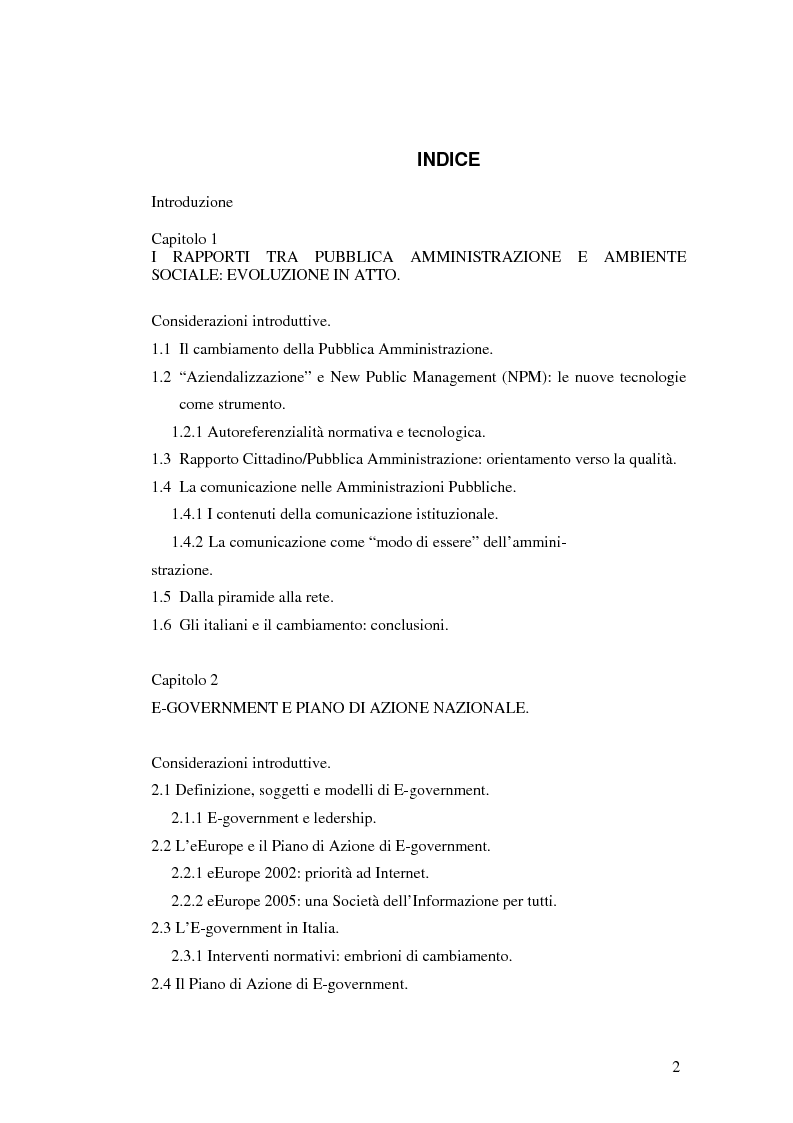 Indice della tesi: Il processo di sviluppo dell'E-government: il caso E-mountain Lazio, Pagina 1