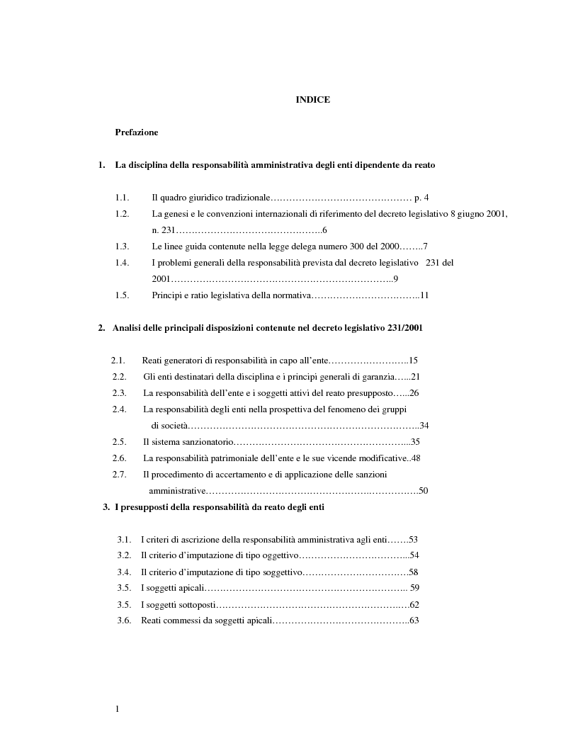 Indice della tesi: La responsabilità amministrativa degli enti dipendente da reato: il modello organizzativo, di gestione e di controllo, Pagina 1