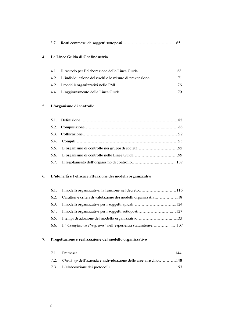 Indice della tesi: La responsabilità amministrativa degli enti dipendente da reato: il modello organizzativo, di gestione e di controllo, Pagina 2