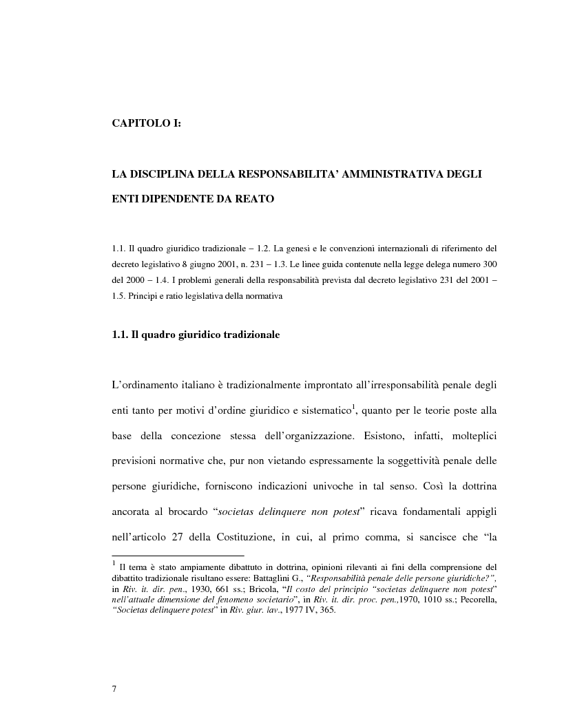 Anteprima della tesi: La responsabilità amministrativa degli enti dipendente da reato: il modello organizzativo, di gestione e di controllo, Pagina 4