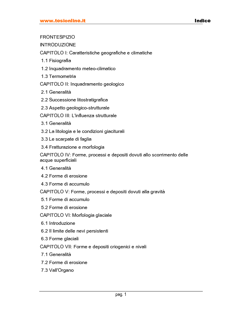 Indice della tesi: Rilevamento geomorfologico della porzione centrale del gruppo di Monte Termino (Appennino Centrale) e carta di localizzazione probabile delle valanghe, Pagina 1
