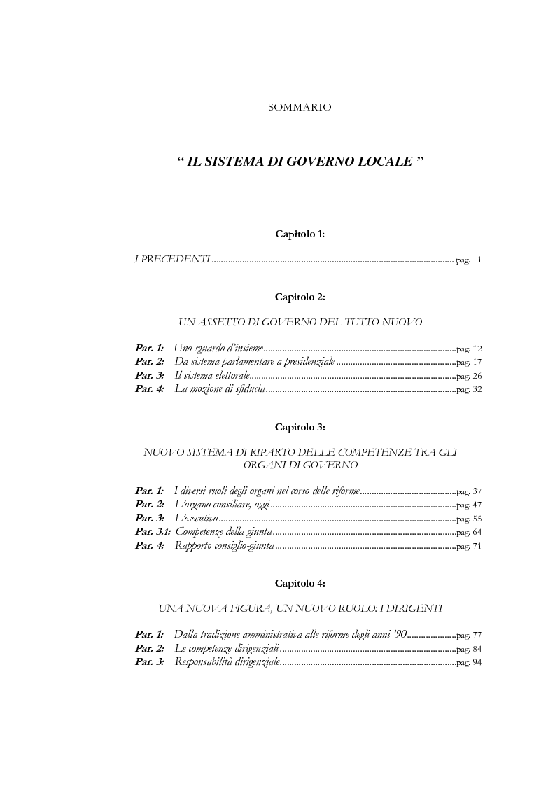 Indice della tesi: Il sistema di governo locale, Pagina 1