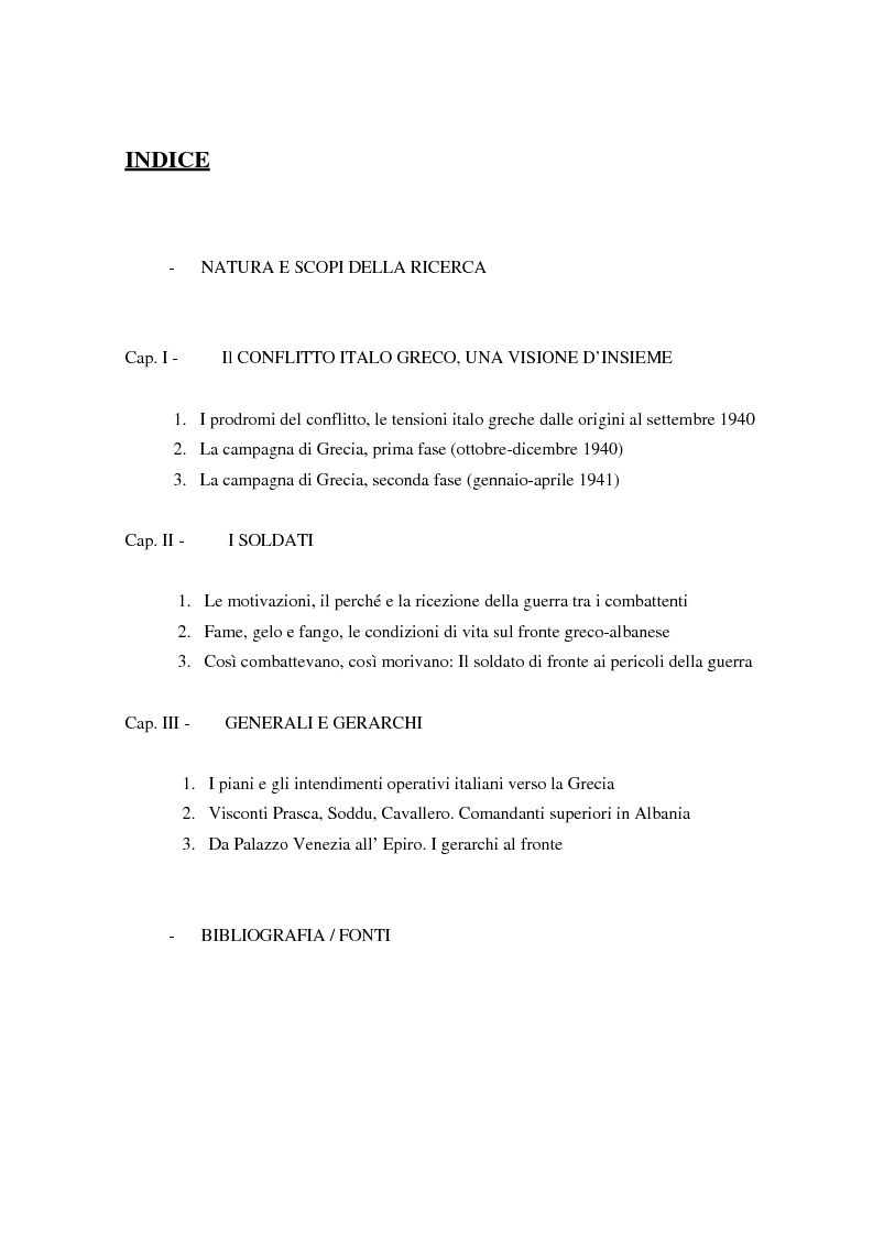 Indice della tesi: Soldati, generali e gerarchi nella campagna di Grecia. Aspetti e tematiche di una guerra vista da prospettive differenti, Pagina 1