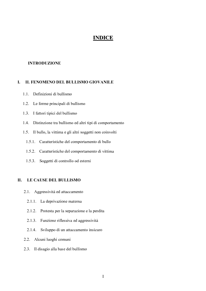 Indice della tesi: Bulli e vittime tra i banchi di scuola: profili, diffusione e metodologie d'intervento, Pagina 1