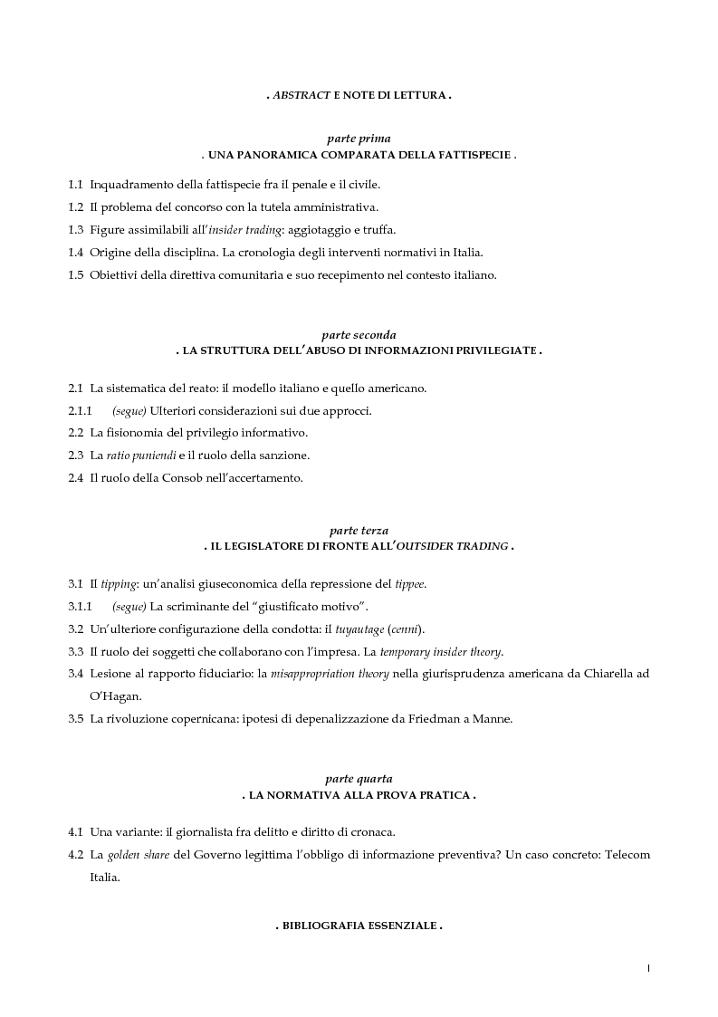 Indice della tesi: Il nuovo profilo dell'abuso di mercato: la punibilità dell'outsider trading, Pagina 1
