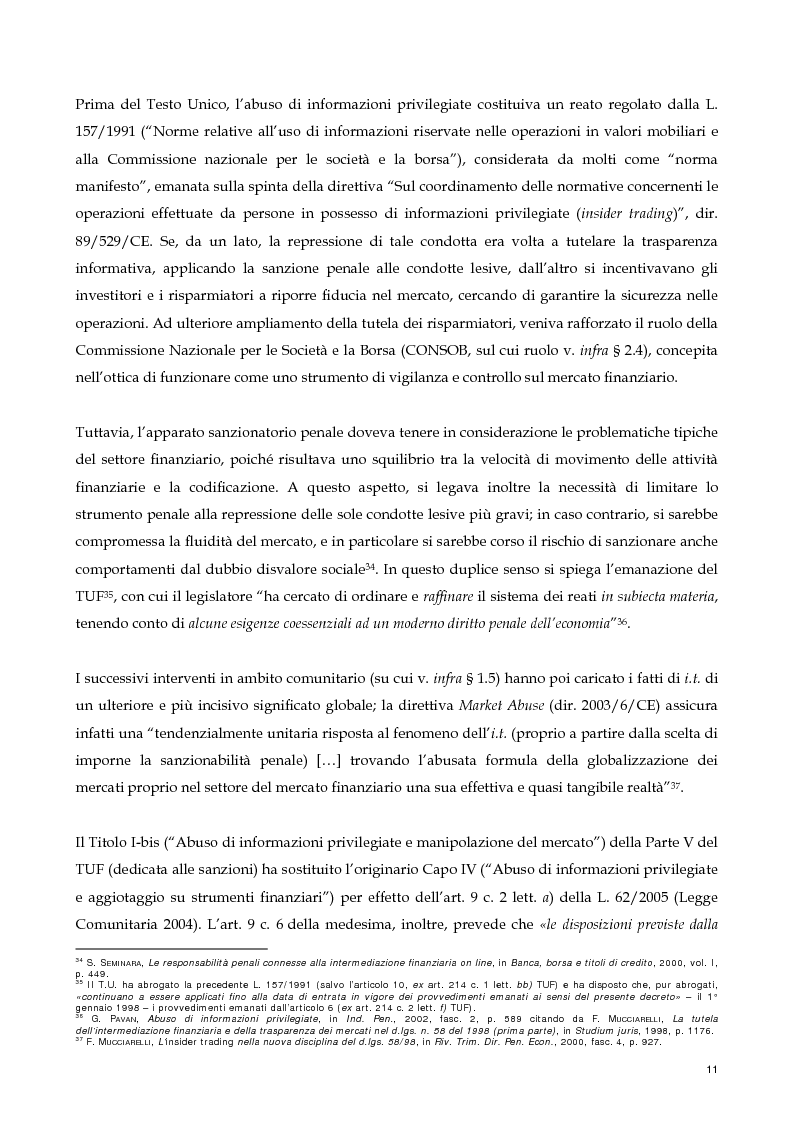 Anteprima della tesi: Il nuovo profilo dell'abuso di mercato: la punibilità dell'outsider trading, Pagina 11