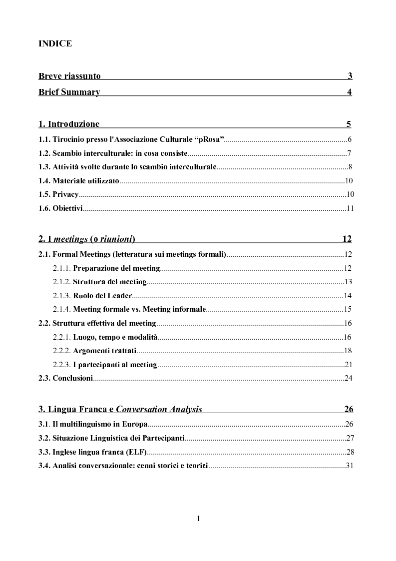 Indice della tesi: Un'analisi linguistica di una riunione informale in Inglese come Lingua Franca, Pagina 1