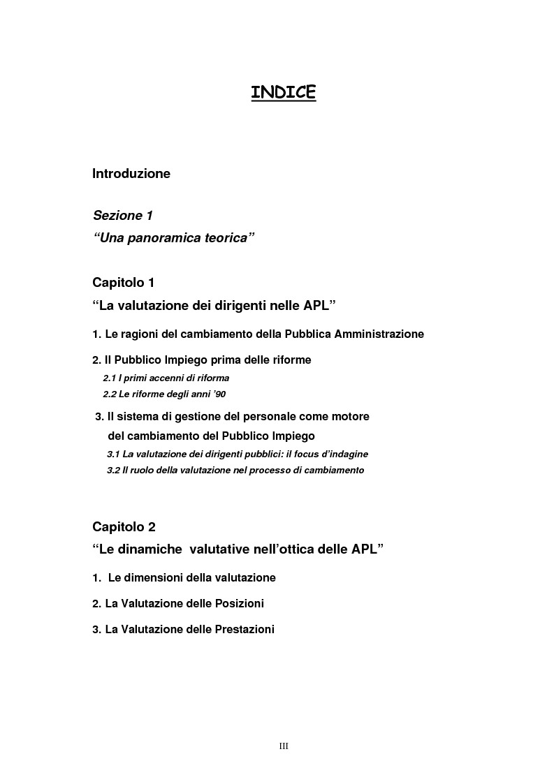 Indice della tesi: La valutazione dei Dirigenti nella P.A. locale: esperienze a confronto, Pagina 1
