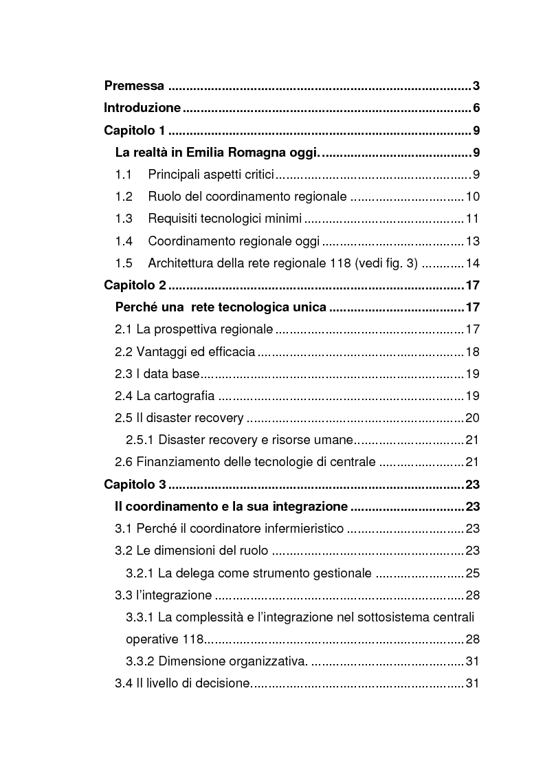 Indice della tesi: Ruolo del coordinatore nella realizzazione di una rete tecnologica unica delle centrali operative "118" della Regione Emilia Romagna, Pagina 1