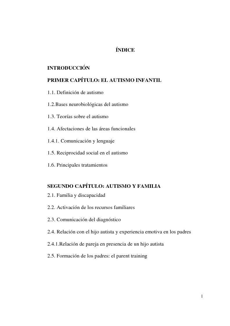 Indice della tesi: Autismo y vivencias familiares, Pagina 1