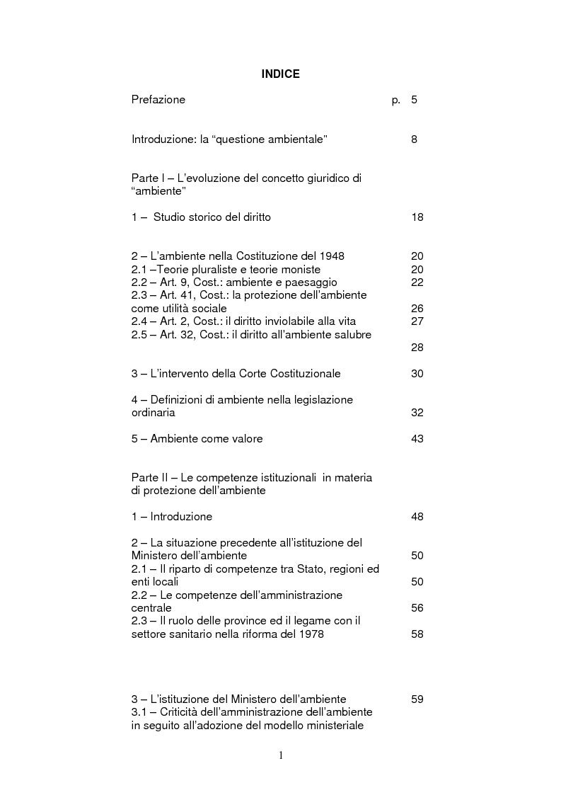 Indice della tesi: Regionalismo e protezione dell'ambiente nel dibattito sulla modifica del Titolo V della Costituzione, Pagina 1