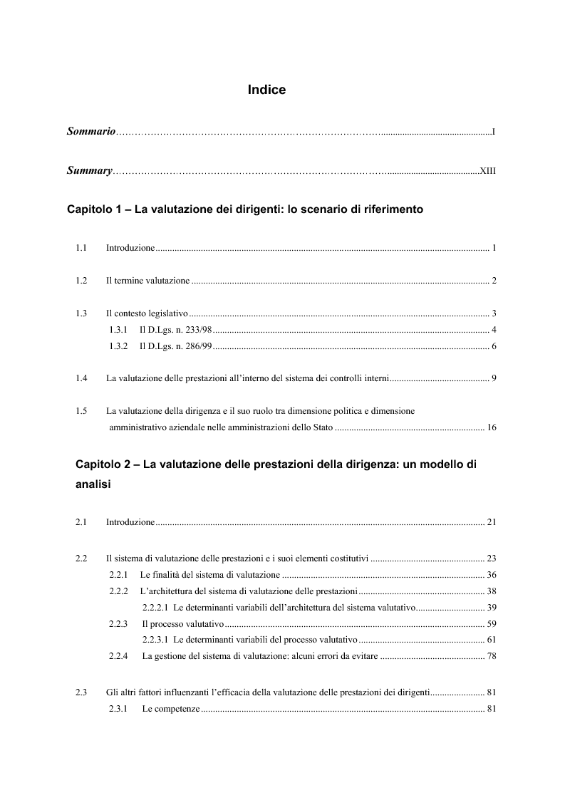 Indice della tesi: La valutazione delle prestazioni dei dirigenti nei Ministeri italiani, Pagina 1