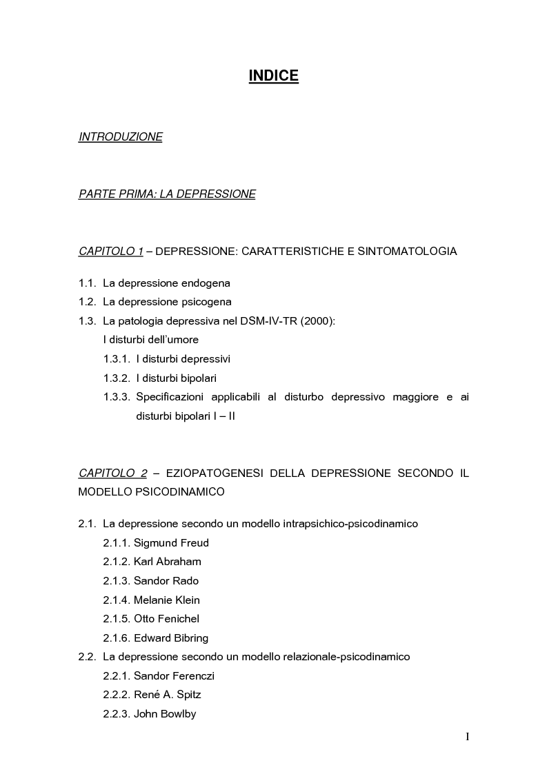 Indice della tesi: Psicodinamica della depressione post-partum: uno studio sulla prevalenza e sui fattori di rischio correlati, Pagina 1