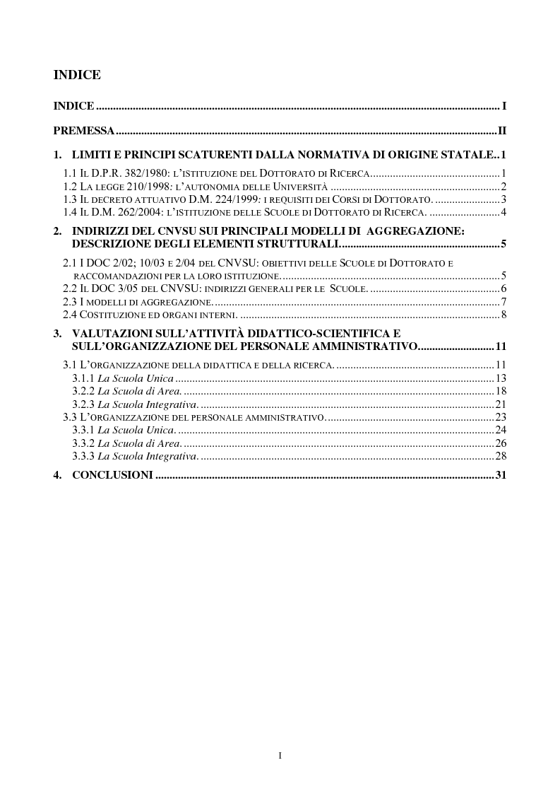 Indice della tesi: Le Scuole di dottorato di ricerca: analisi dei modelli e delle problematiche didattico-scientifiche ed amministrative, Pagina 1