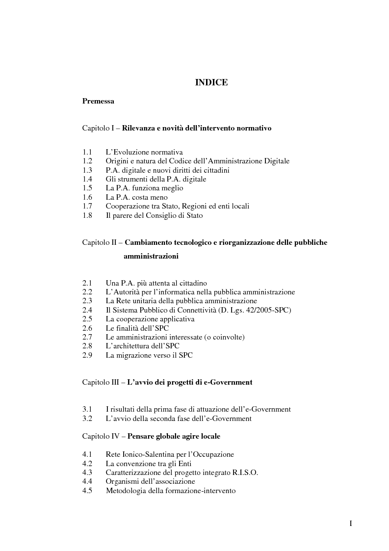 Indice della tesi: Il contributo dell'e-government nell'incremento dei servizi resi al cittadino, Pagina 1