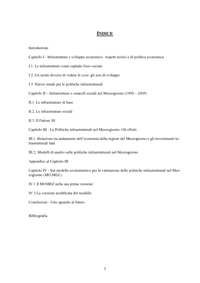 Indice della tesi: Politiche infrastrutturali per lo sviluppo economico del Mezzogiorno d'Italia: Teorie ed Effetti, Pagina 1