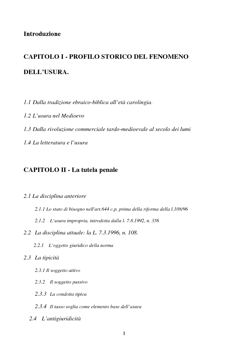 Indice della tesi: L'usura, Pagina 1