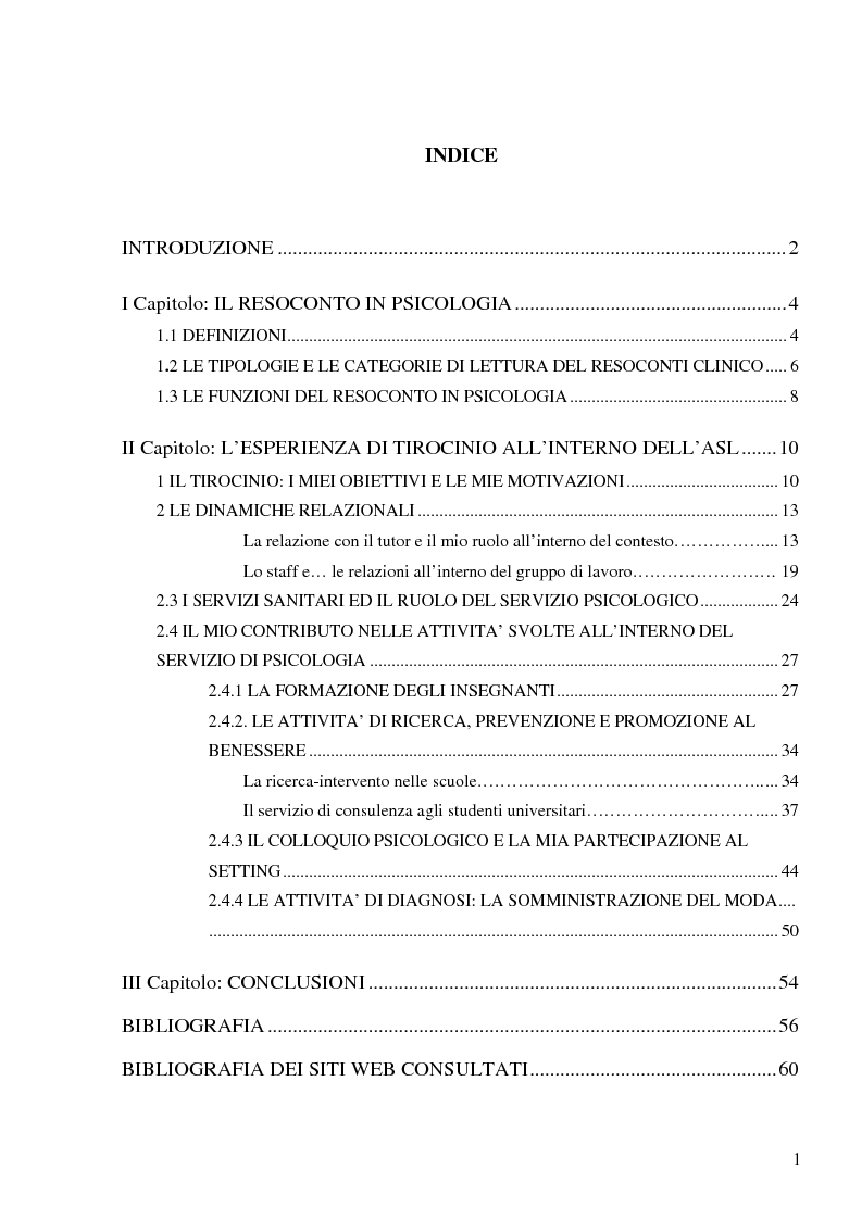 Indice della tesi: Resoconto clinico di tiirocinio esperienza nell'ASL di Frosinone, Pagina 1