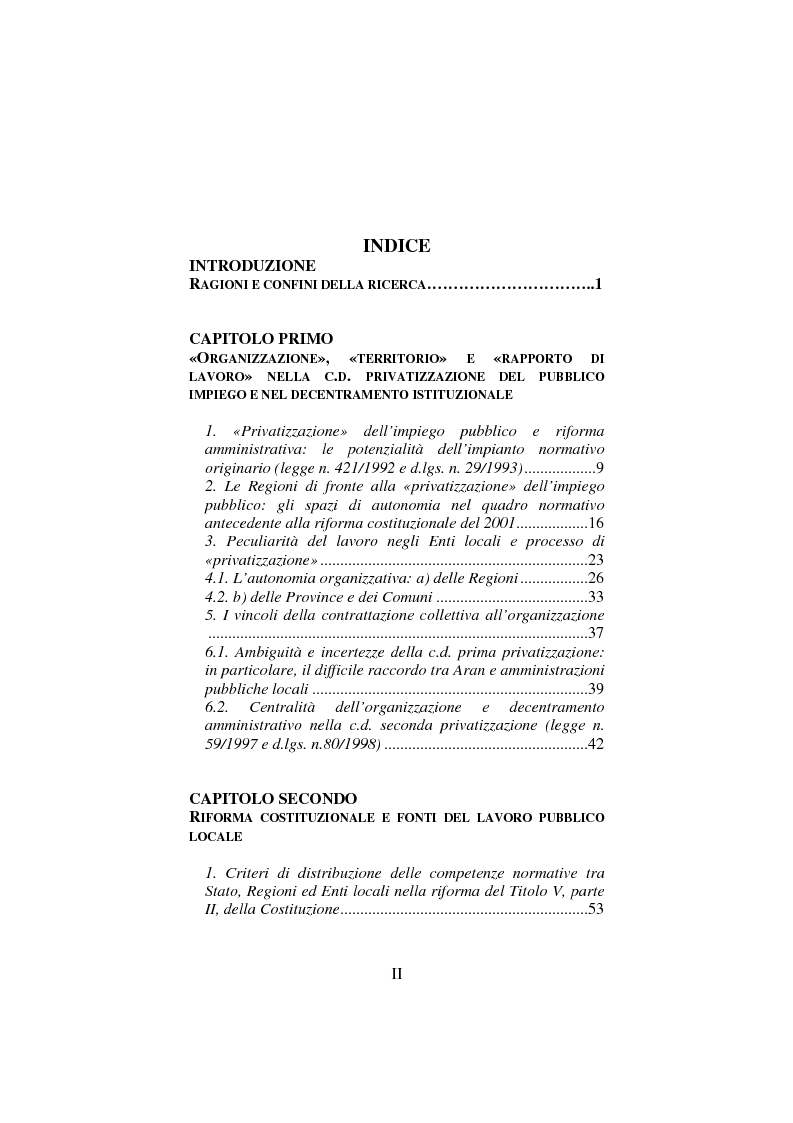 Indice della tesi: Il lavoro pubblico locale. Decentramento istituzionale e rapporti ''flessibili''., Pagina 1