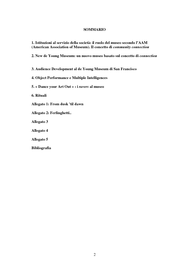 Indice della tesi: Strategie di Audience Development del new de Young Museum di San Francisco - The grand opening 2005, Pagina 1
