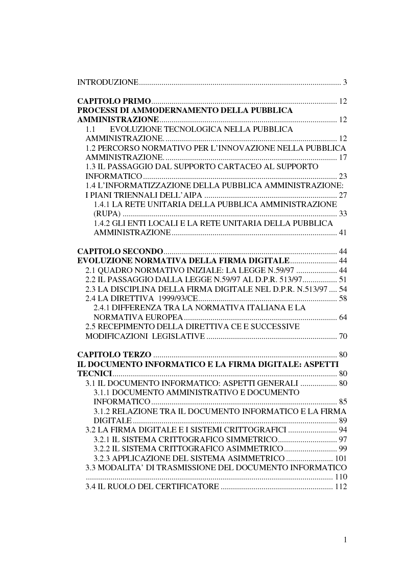 Indice della tesi: L'evoluzione della firma digitale: dal documento informatico all'amministrazione digitale, Pagina 1