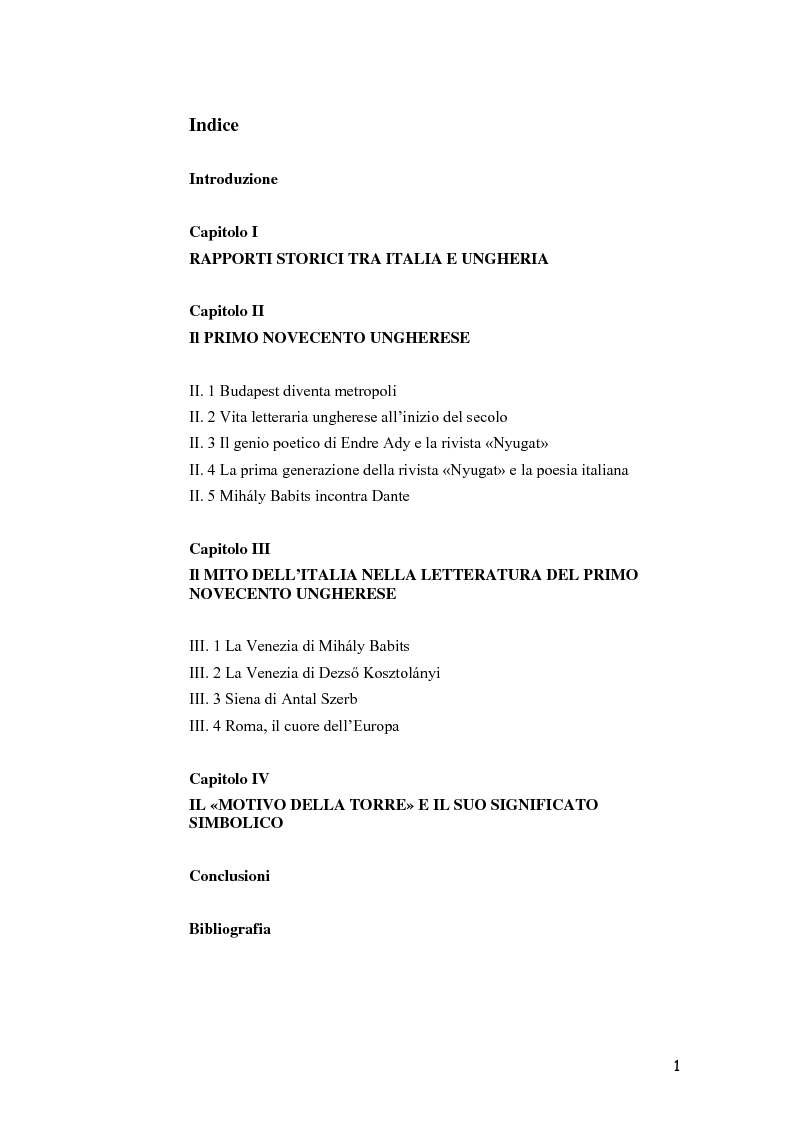 Indice della tesi: L'Immagine dell'Italia nella poesia ungherese del primo Novecento, Pagina 1