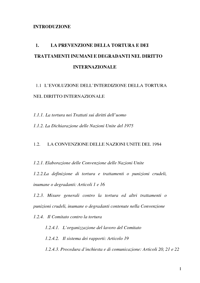 Indice della tesi: Tortura e Punizioni o Trattamenti crudeli, inumani e degradanti, Pagina 1