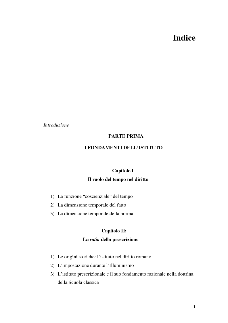 Indice della tesi: La prescrizione del reato, Pagina 1