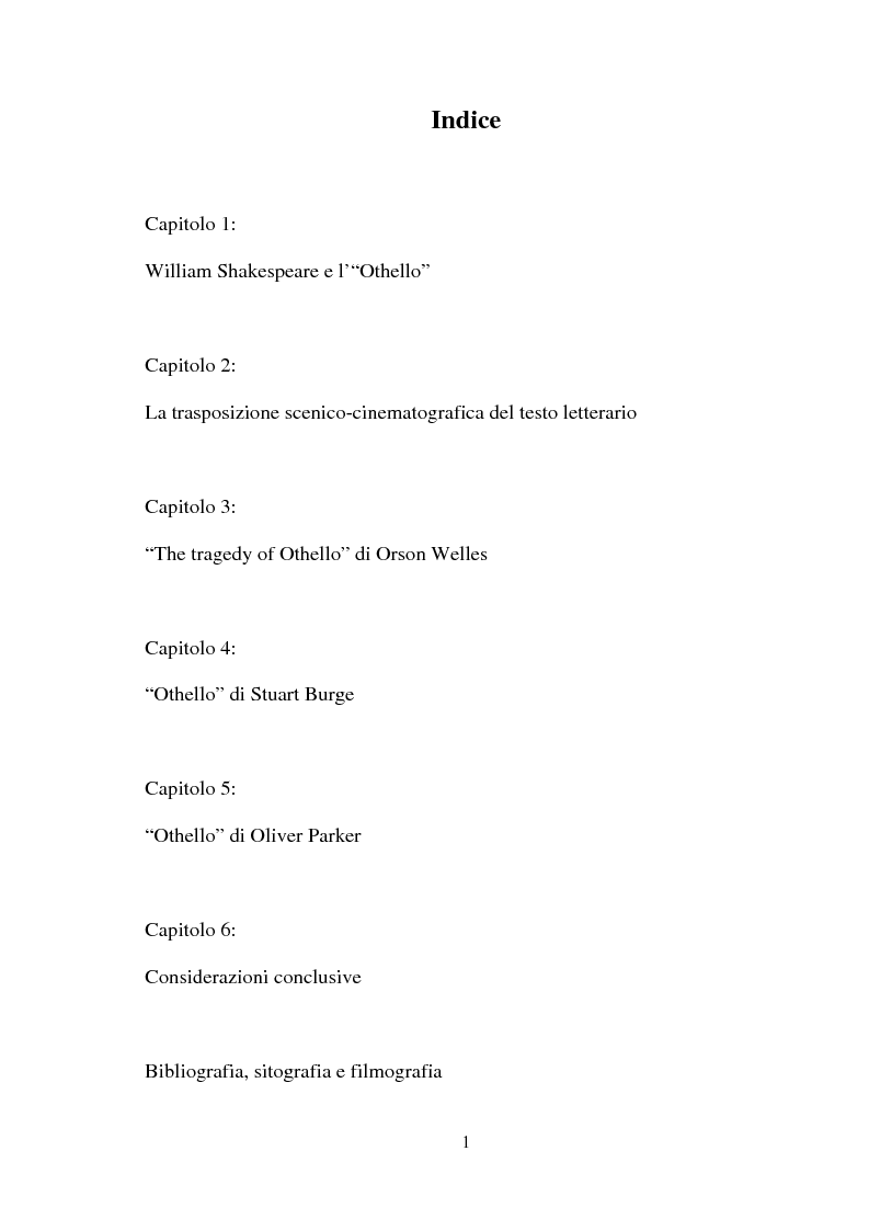 Indice della tesi: ''Othello'': dal testo shakespeariano all'immagine cinematografica, Pagina 1