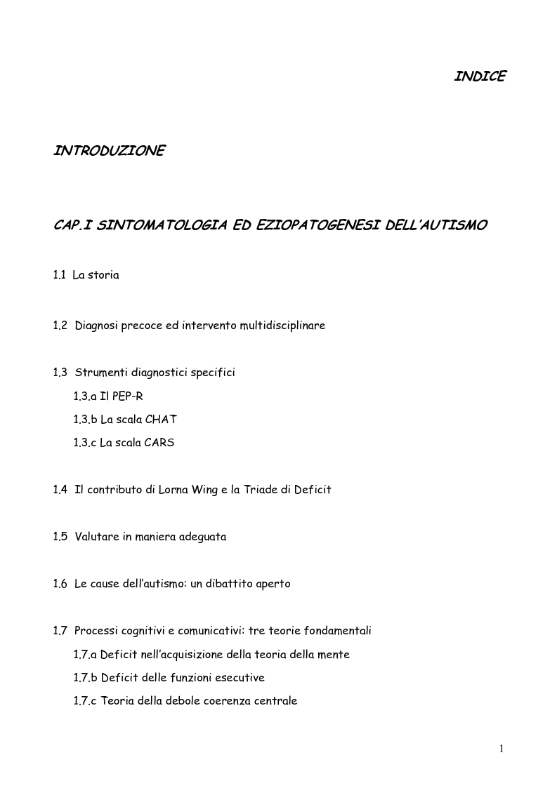 Indice della tesi: Bambini autistici inseriti nella scuola primaria: problemi e prospettive, Pagina 1