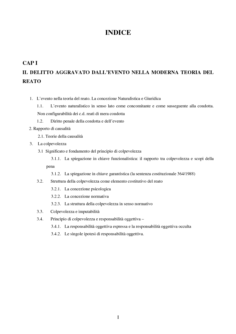 Indice della tesi: I delitti aggravati dall'evento, Pagina 1