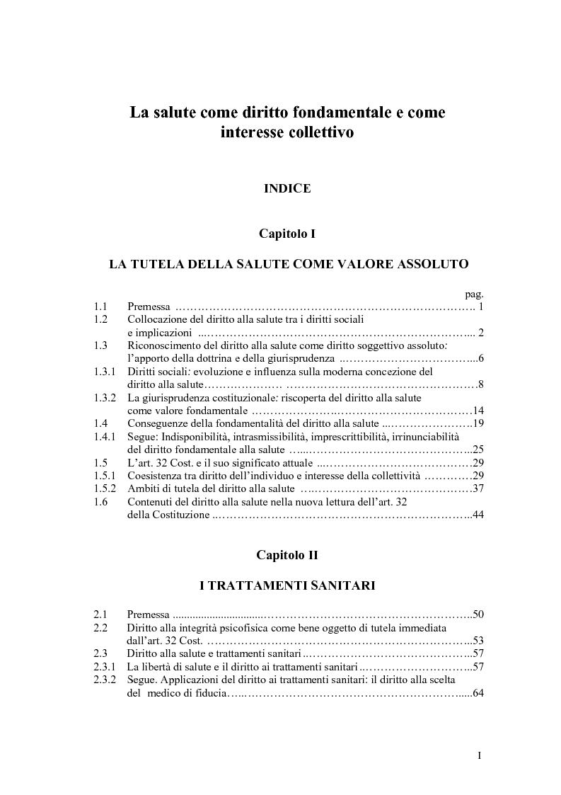 Indice della tesi: La salute come diritto fondamentale e interesse collettivo, Pagina 1
