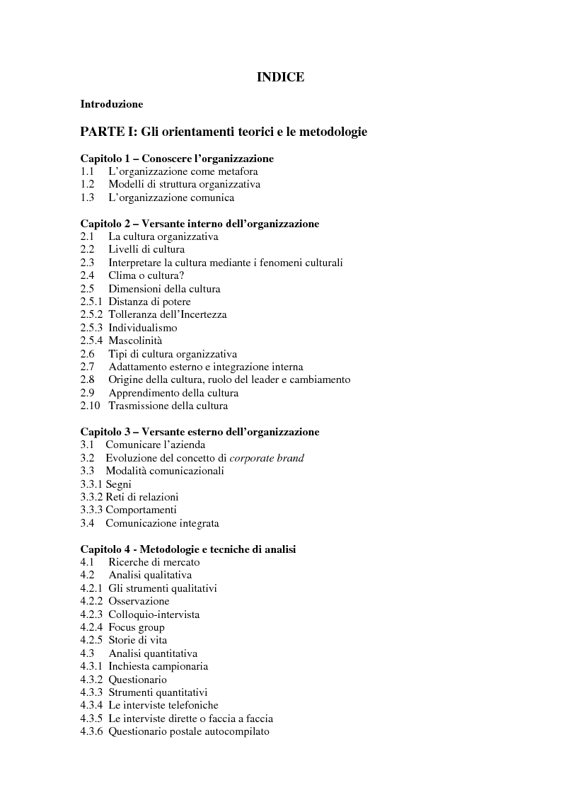 Indice della tesi: Comunicazione, cultura e identità di un'organizzazione. Il caso Tim., Pagina 1