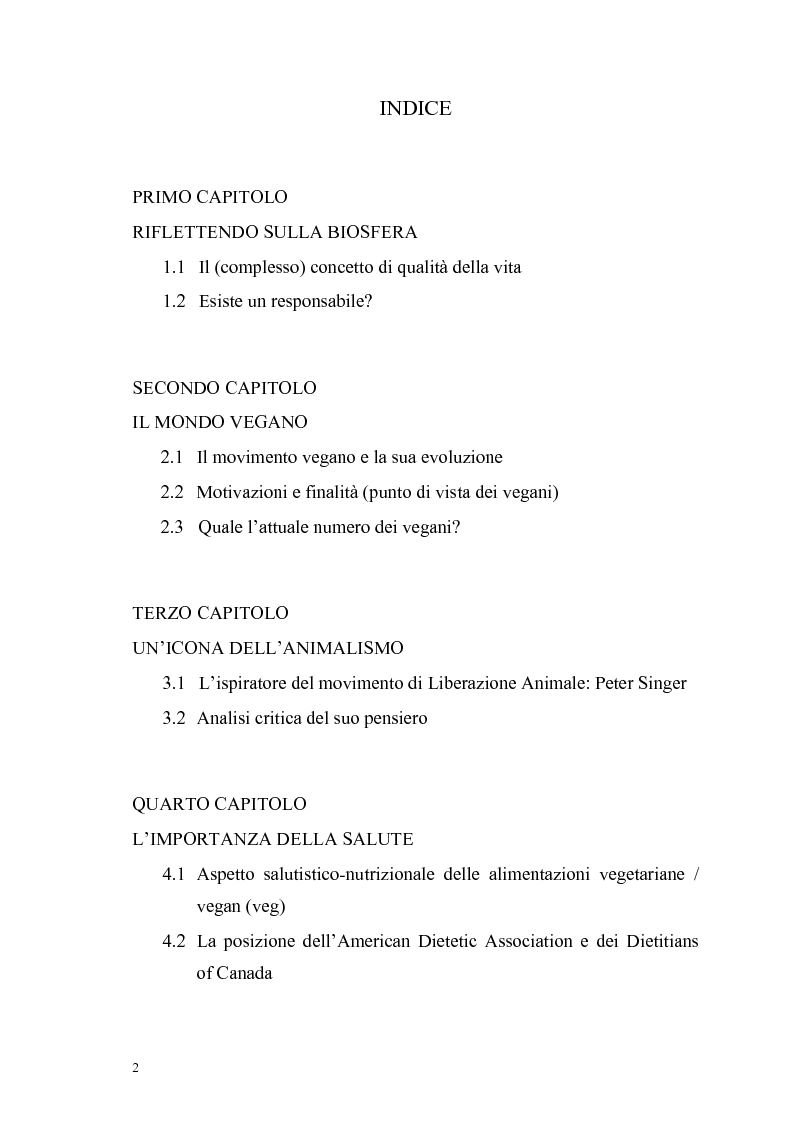 Indice della tesi: La scelta vegana e la nuova idea di rispetto della biosfera, Pagina 1