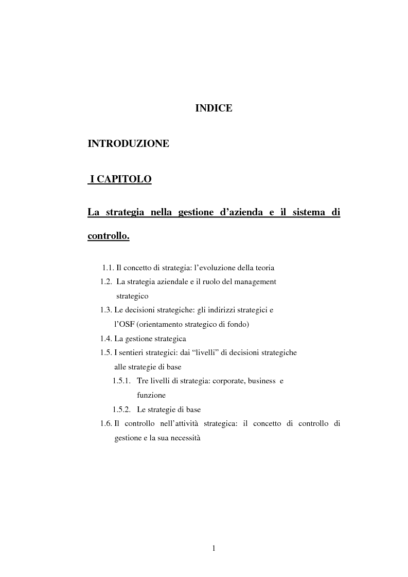 Indice della tesi: Dal controllo di gestione al controllo strategico: il caso Sorin Biomedica SPA, Pagina 1