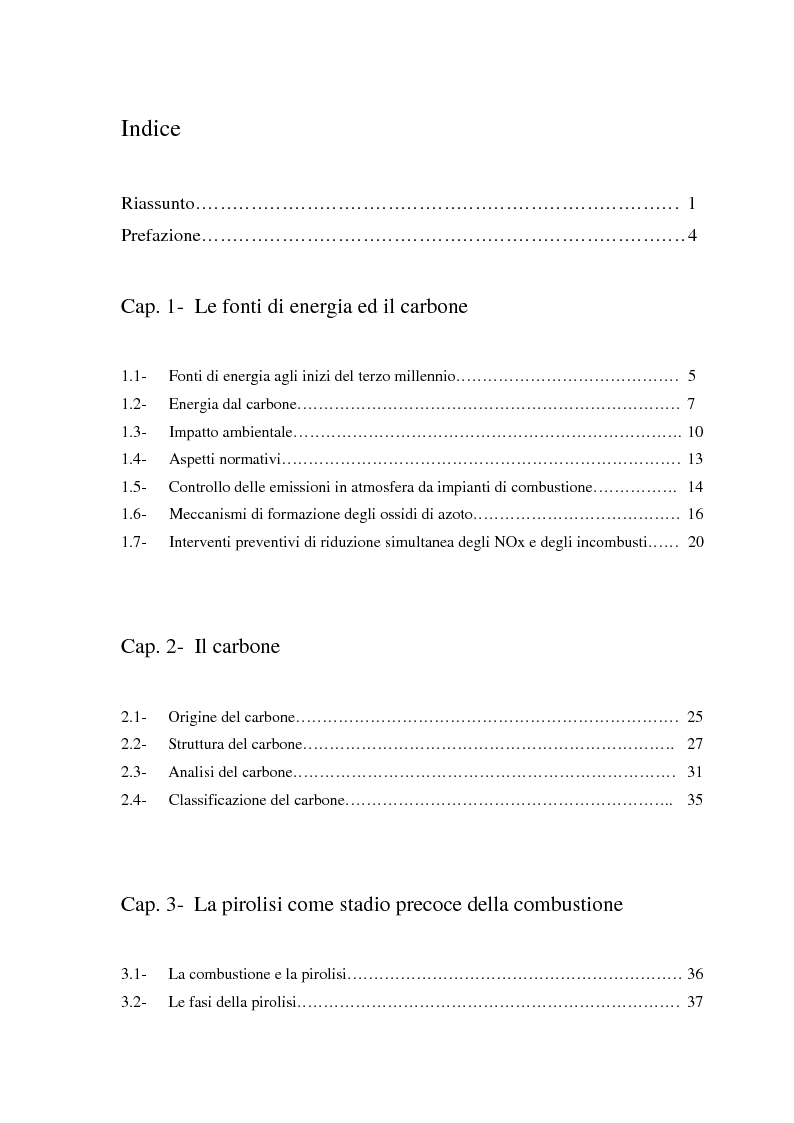 Indice della tesi: Effetto delle condizioni di pirolisi di combustibili solidi sulla formazione di specie azotate ed idrocarburiche di interesse ambientale, Pagina 1