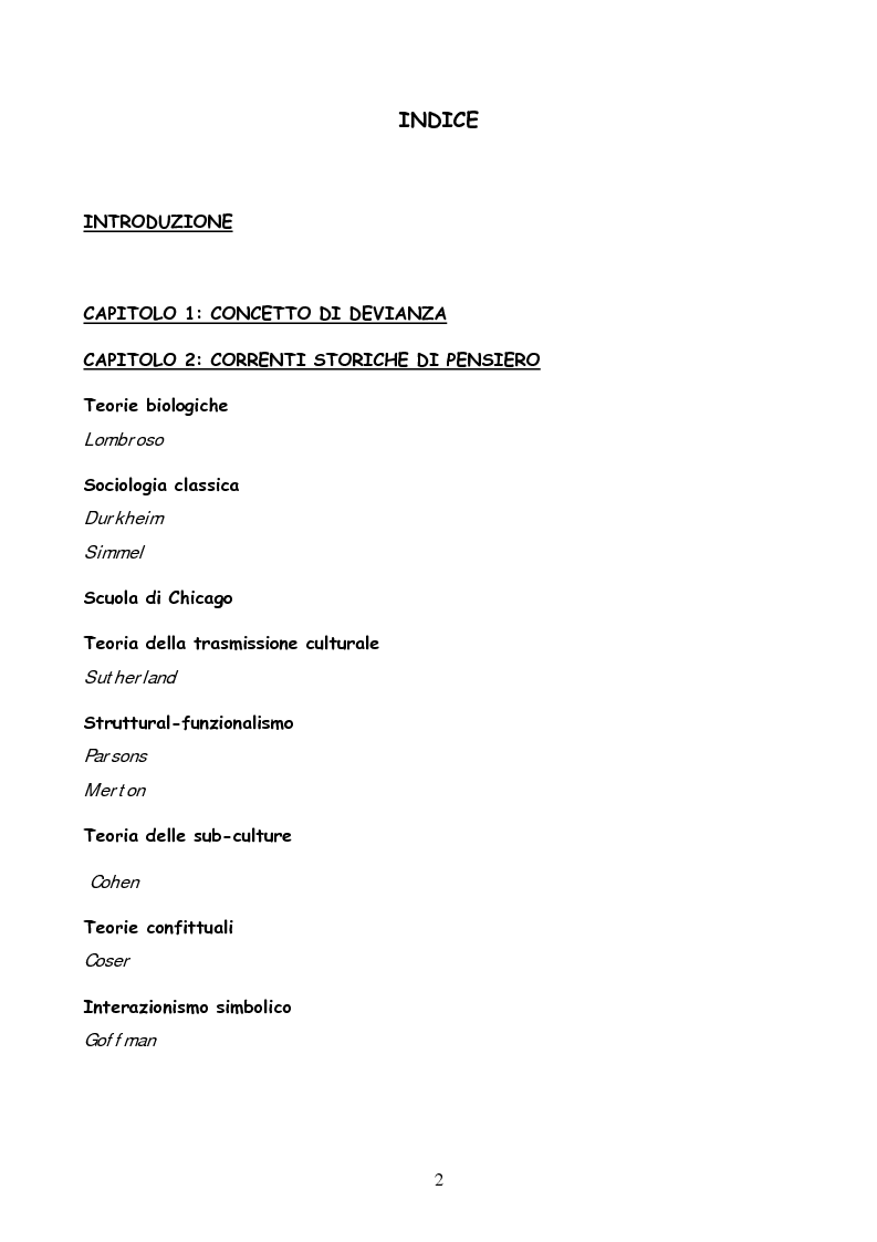 Indice della tesi: Il percorso evolutivo del concetto di devianza, Pagina 1