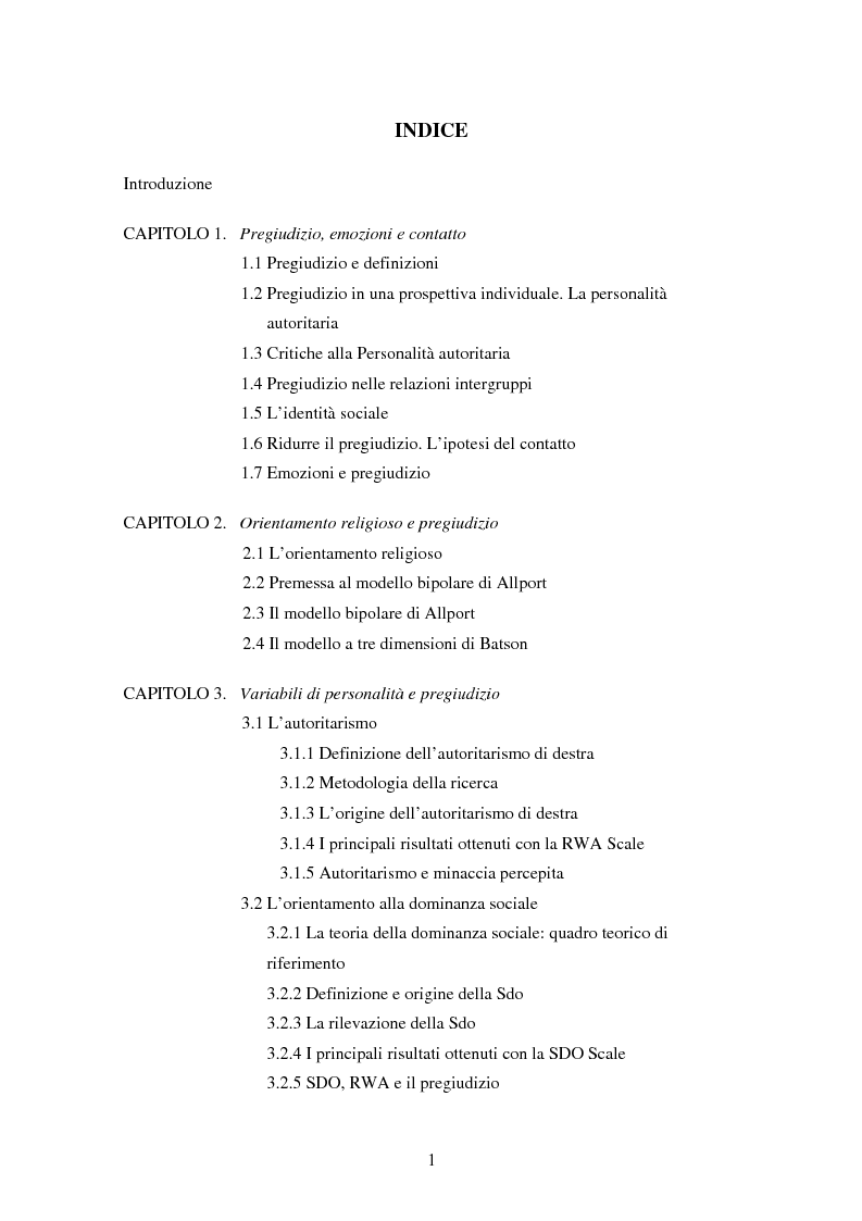 Indice della tesi: Fede musulmana e pregiudizio nel bellunese, il ruolo dell'orientamento religioso, delle variabili di personalità e delle emozioni, Pagina 1