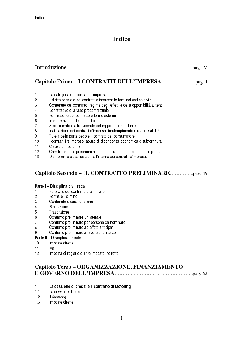 Indice della tesi: I contratti delle imprese. Profili giuridici contabili e fiscali., Pagina 1