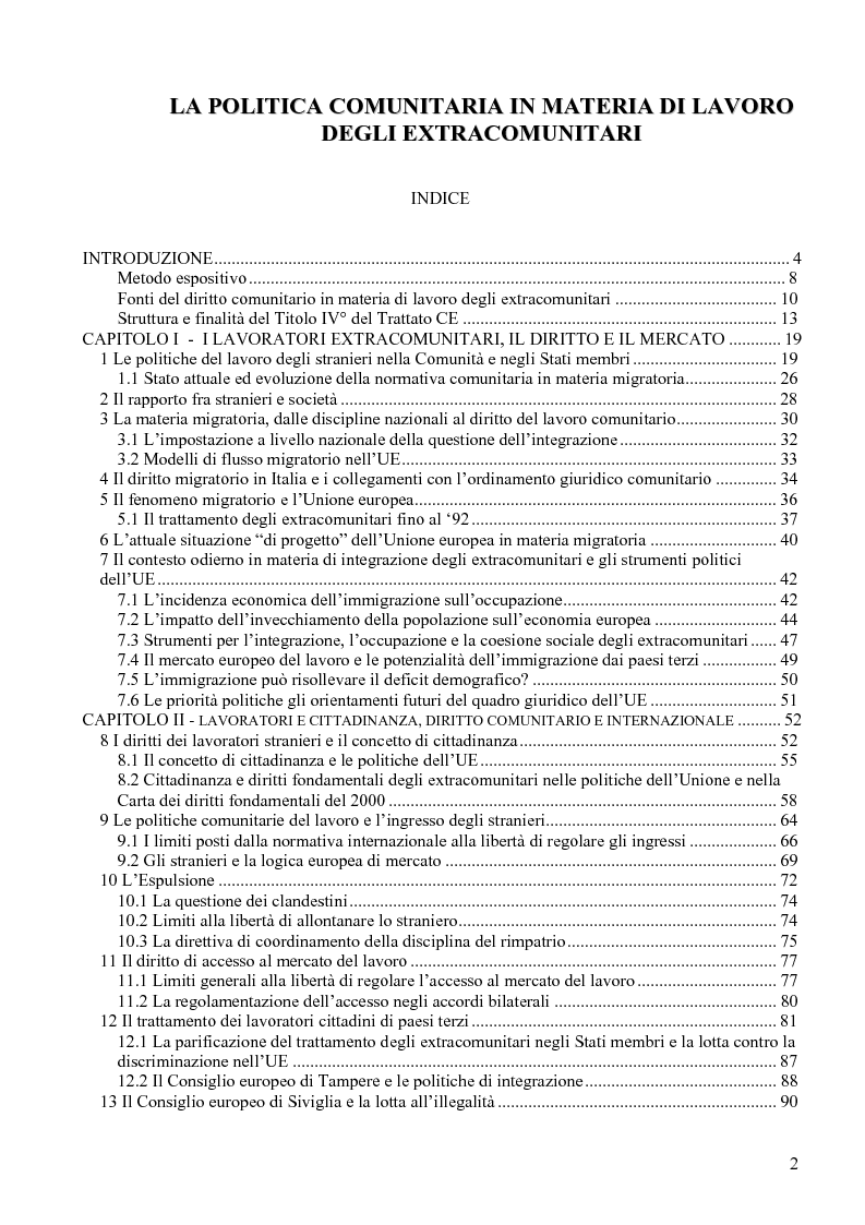 Indice della tesi: La politica comunitaria in materia di lavoro degli extracomunitari, Pagina 1