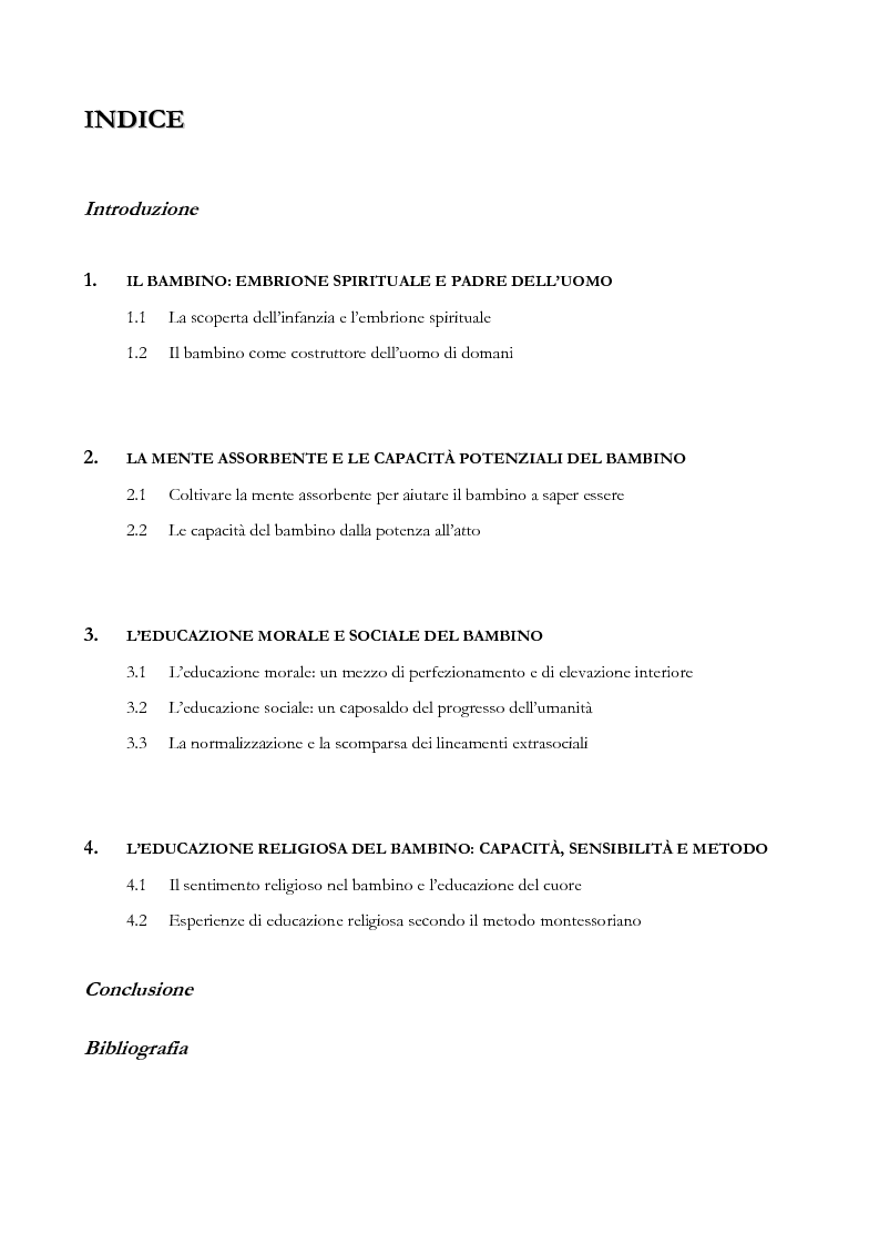 Indice della tesi: L'educazione del cuore nel pensiero pedagogico di Maria Montessori, Pagina 1