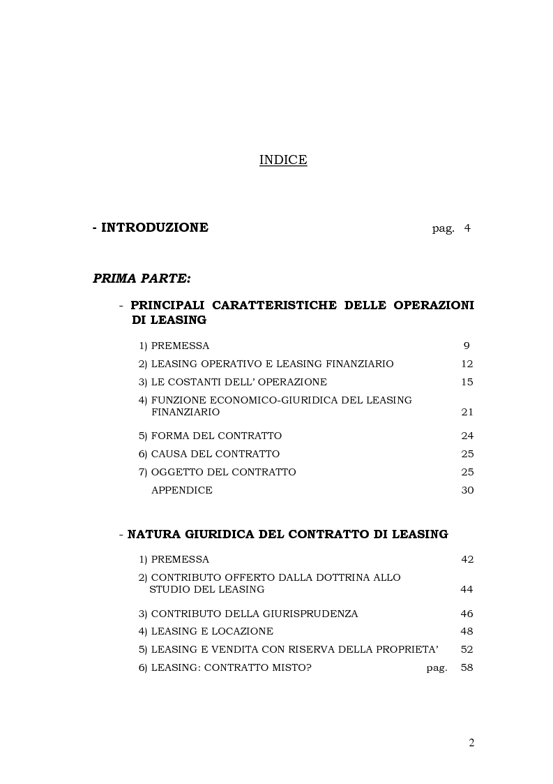 Indice della tesi: Il leasing in agricoltura, Pagina 1