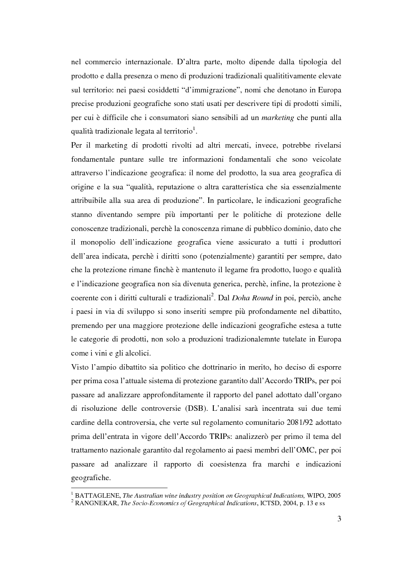 Anteprima della tesi: I marchi e le indicazioni geografiche per i prodotti agricoli di fronte all'organo per la soluzione delle controversie dell'OMC, Pagina 2